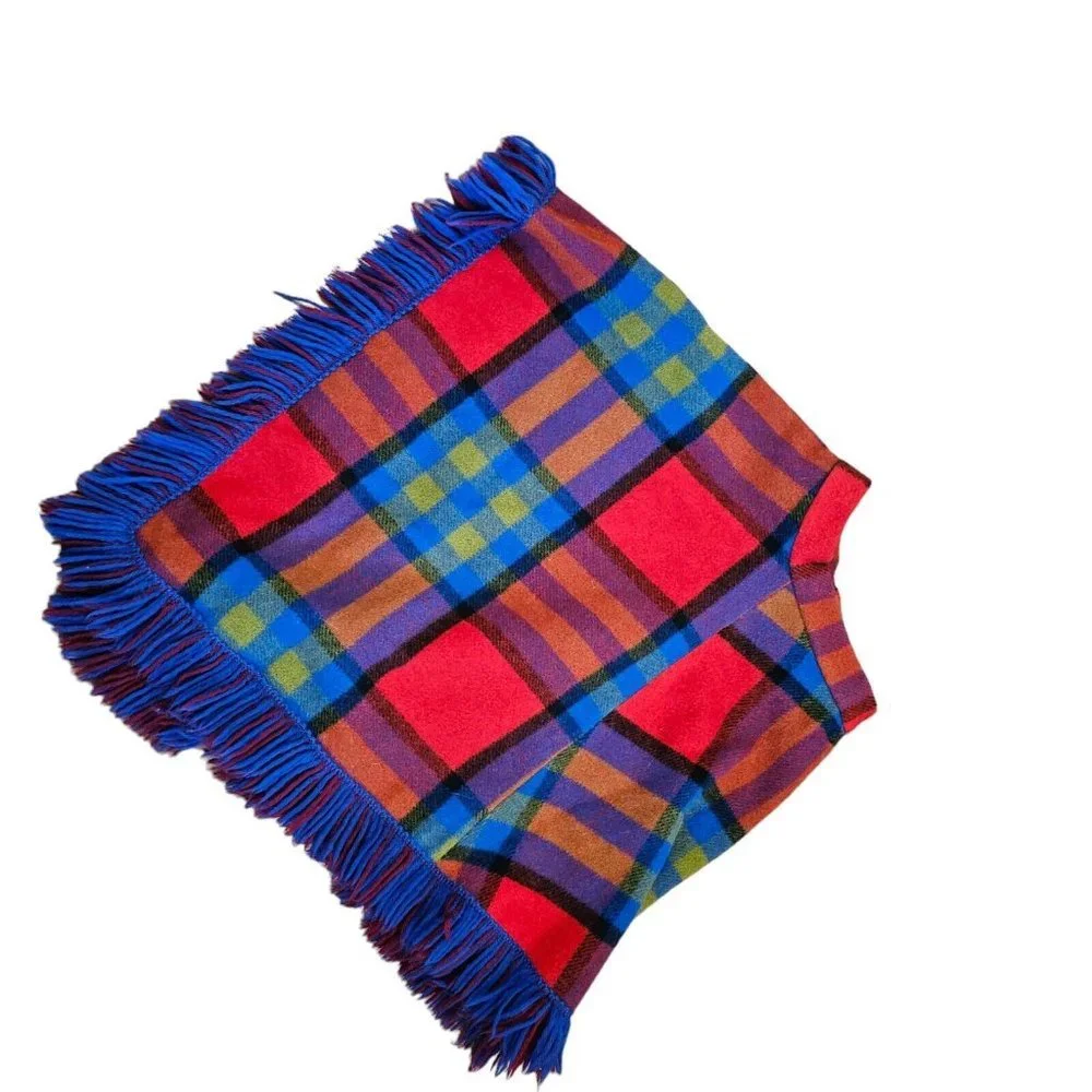 70s Pioneerwear Womens XS Wool Plaid Skirt Fringe Assymetrical Red‎ Blue Boho